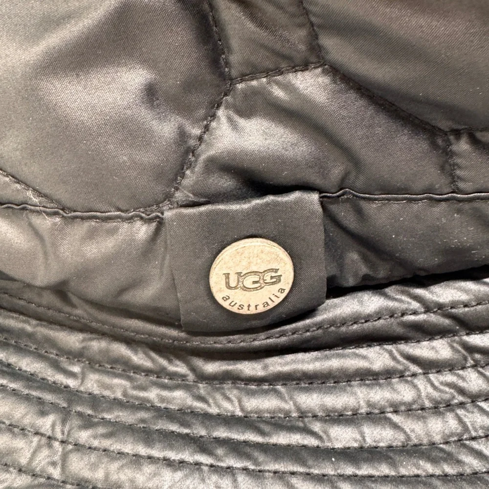 UGG Australia Black Quilted Puffer Bucket Hat Real Shearling Fur Lined Trim OS
